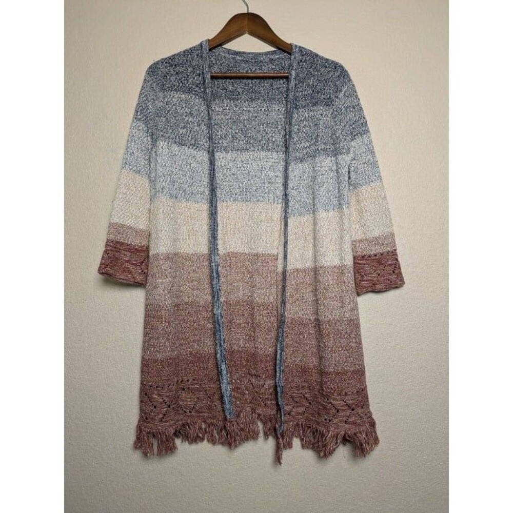 Bass Pro Shops Striped Knit Cardigan Fringe Boho Southwest Outdoor Cozy Rodeo